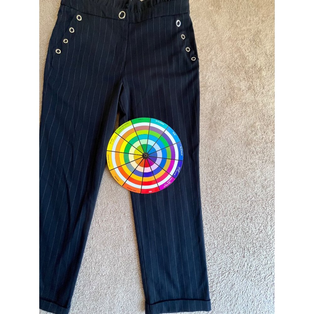 MNG Casual Womens Navy Pinstripe Pants Ruffled Waist Eyelets EUR 40 / USA 8 / M - Picture 4 of 16
